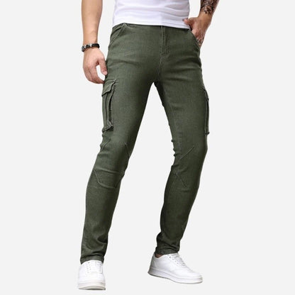 men's slim fit cargo jeans stretch denim pants in army green