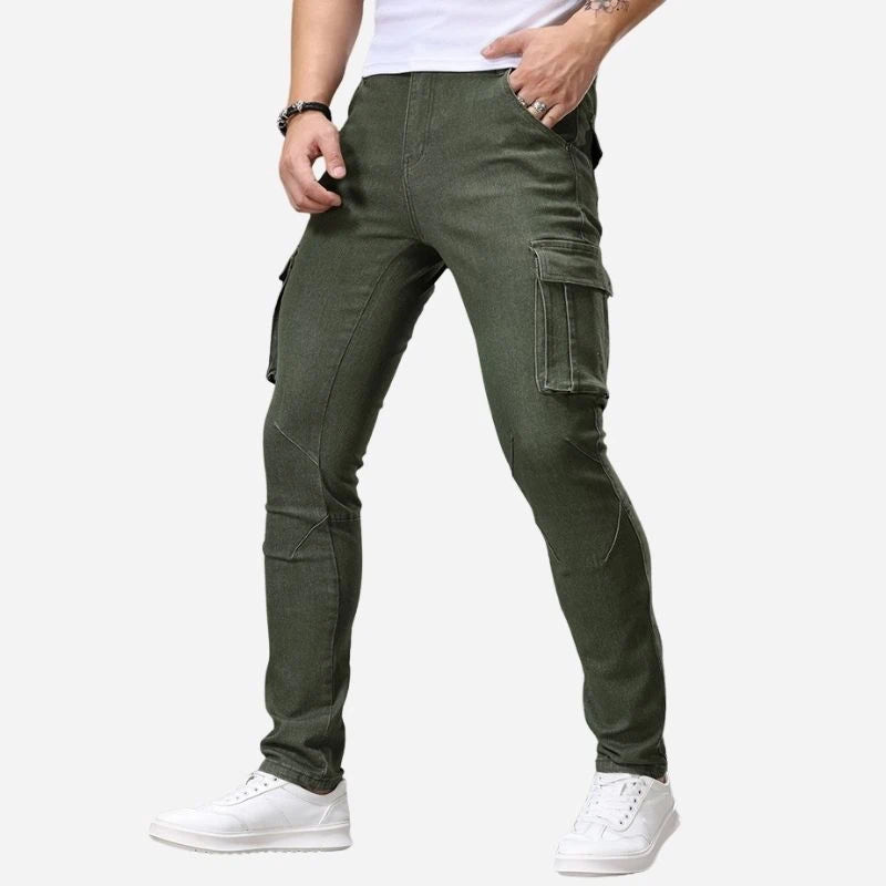 men's slim fit cargo jeans stretch denim pants in army green, side view