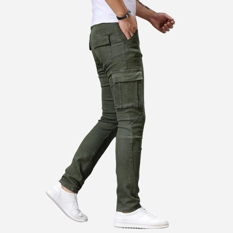 men's slim fit cargo jeans denim pants in army green, side view