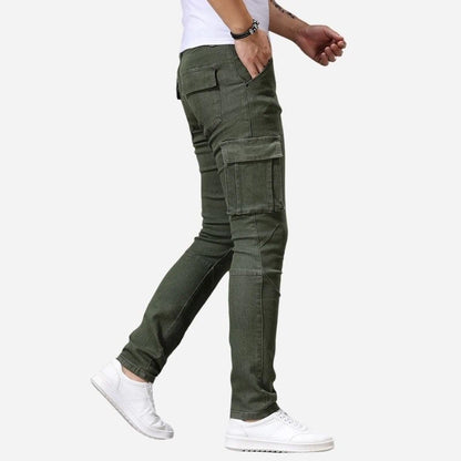 men's slim fit cargo jeans denim pants in army green, side view