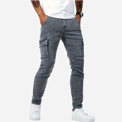 men's slim fit cargo jeans stretch denim pants in grey, side view