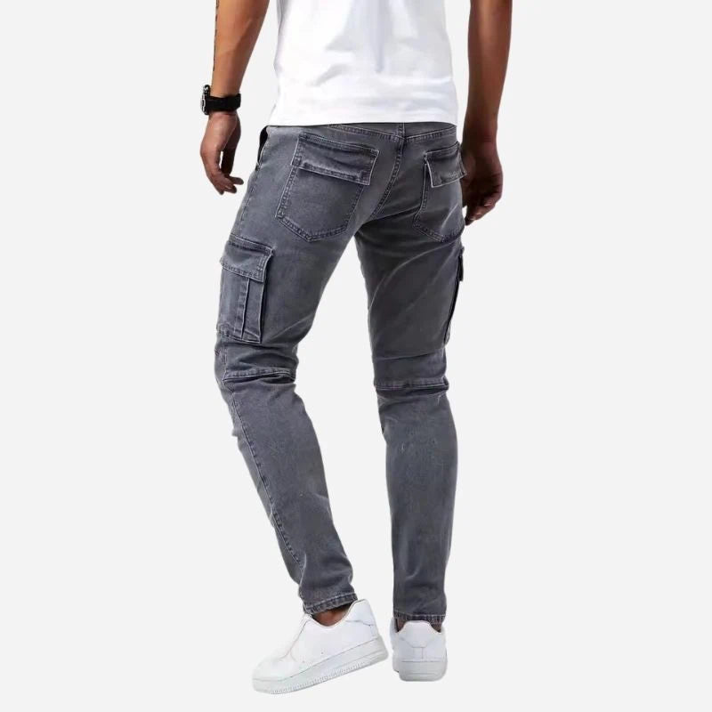 men's slim fit cargo jeans stretch denim pants in grey, back view