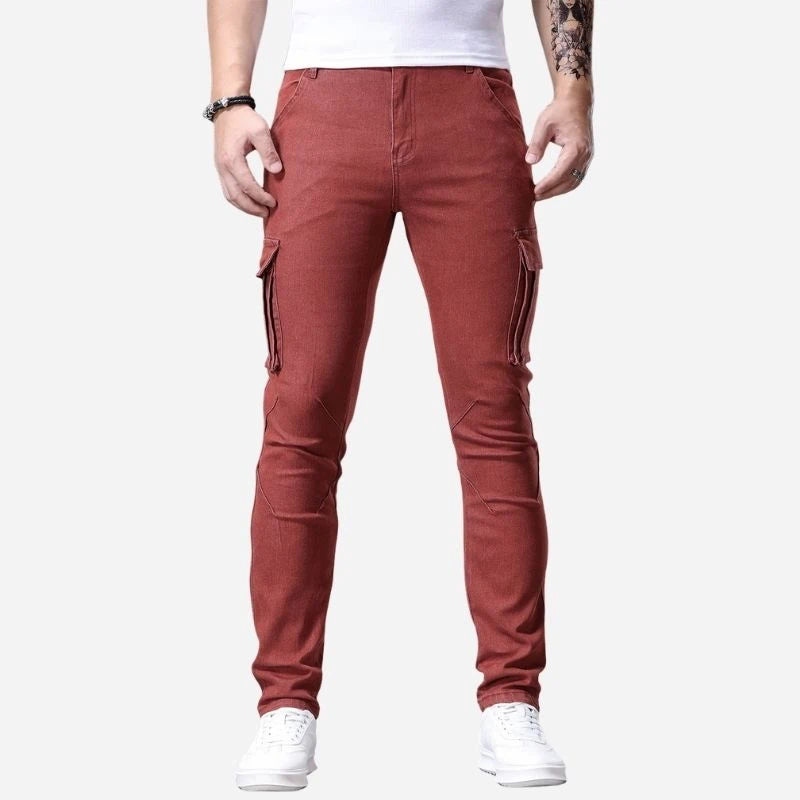 men's slim fit cargo jeans stretch denim pants in red, front view