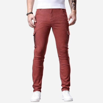 men's slim fit cargo jeans stretch denim pants in red, front view