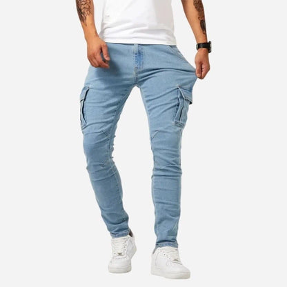 men's slim fit cargo jeans stretch denim pants in light blue