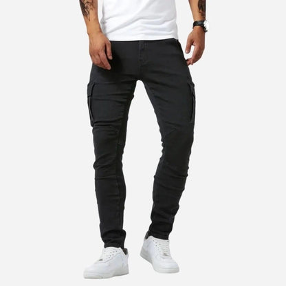 men's slim fit cargo jeans stretch denim pants in black, front view