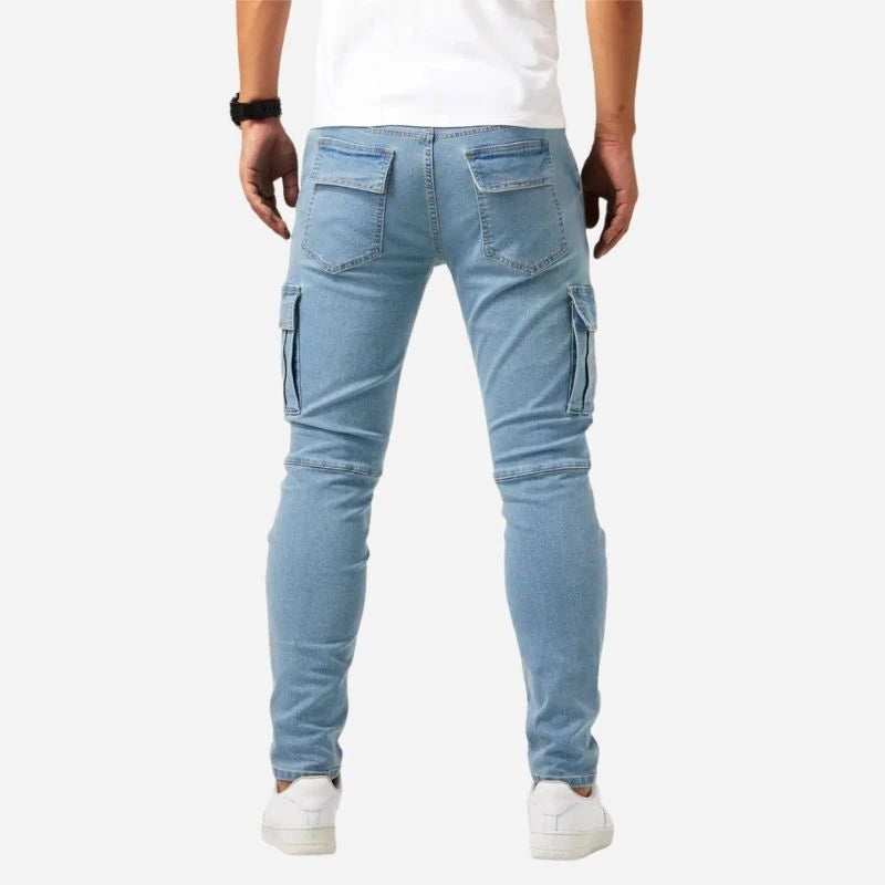 men's slim fit cargo jeans stretch denim pants in light blue, back view