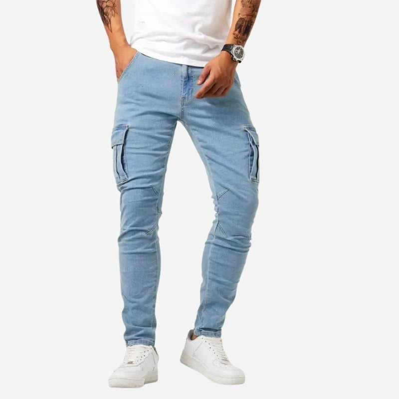 men's slim fit cargo jeans stretch denim pants in light blue, front view