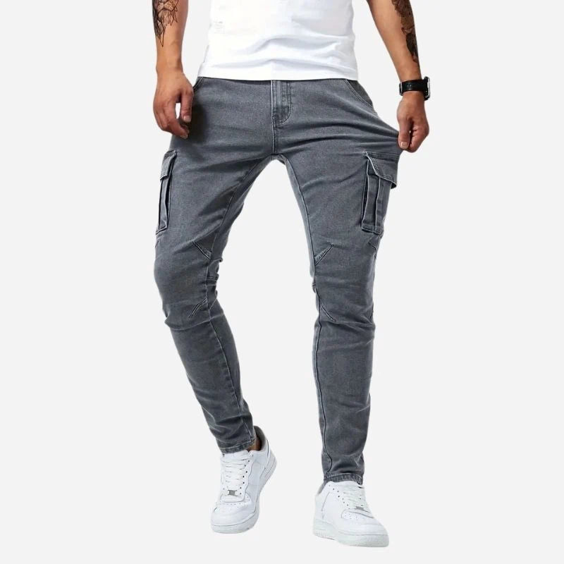 men's slim fit cargo jeans stretch denim pants in grey, front view