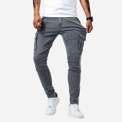 men's slim fit cargo jeans stretch denim pants in grey, front view