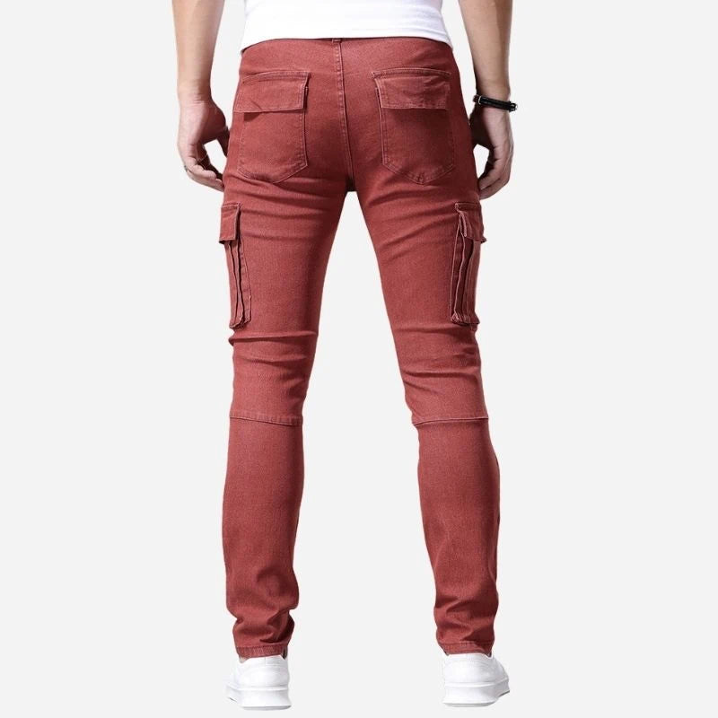 men's slim fit cargo jeans stretch denim pants in red, back view