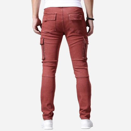 men's slim fit cargo jeans stretch denim pants in red, back view