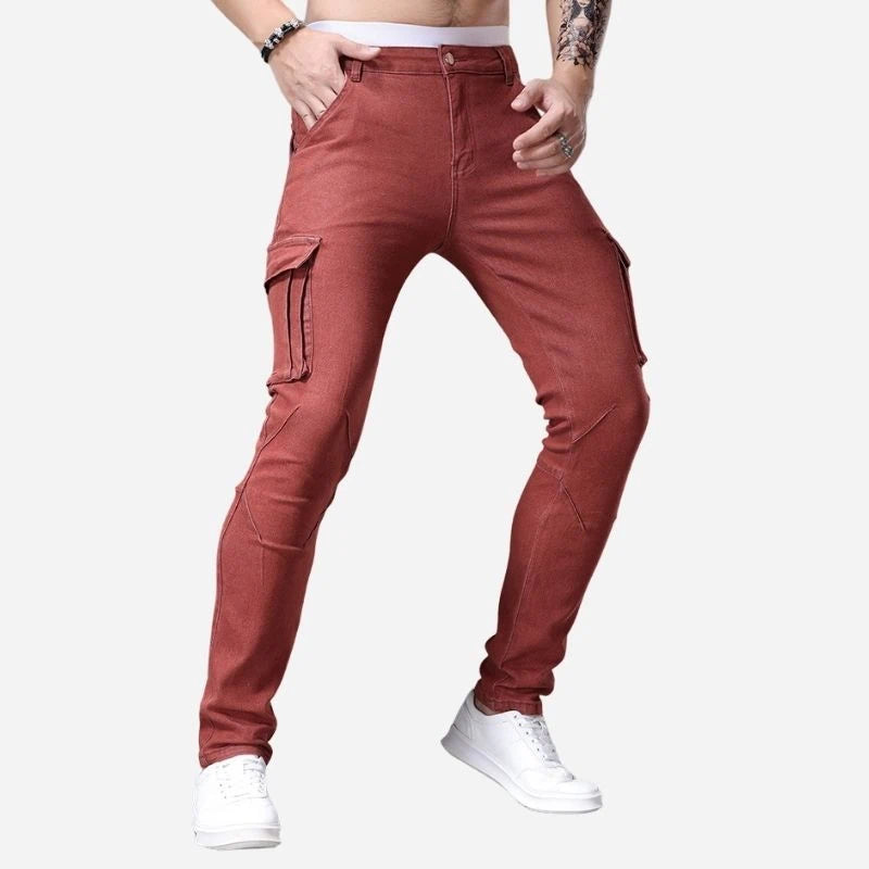 men's slim fit cargo jeans stretch denim pants in red