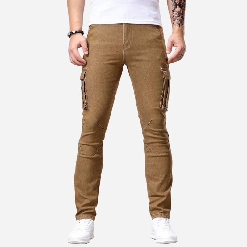 men's slim fit cargo jeans stretch denim pants in khaki, front view