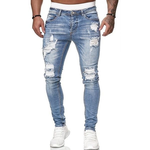 Men's Destroyed Ripped Jeans Stretch Slim Fit Skinny Denim Pants
