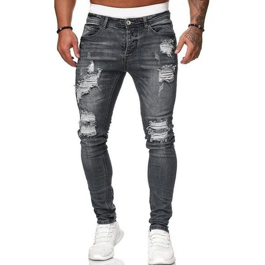 Men's ripped jeans stretch slim fit skinny denim pants in grey, front view