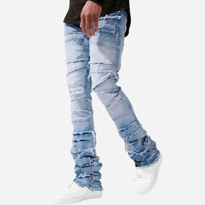 men's stacked jeans slim fit denim pants in light blue
