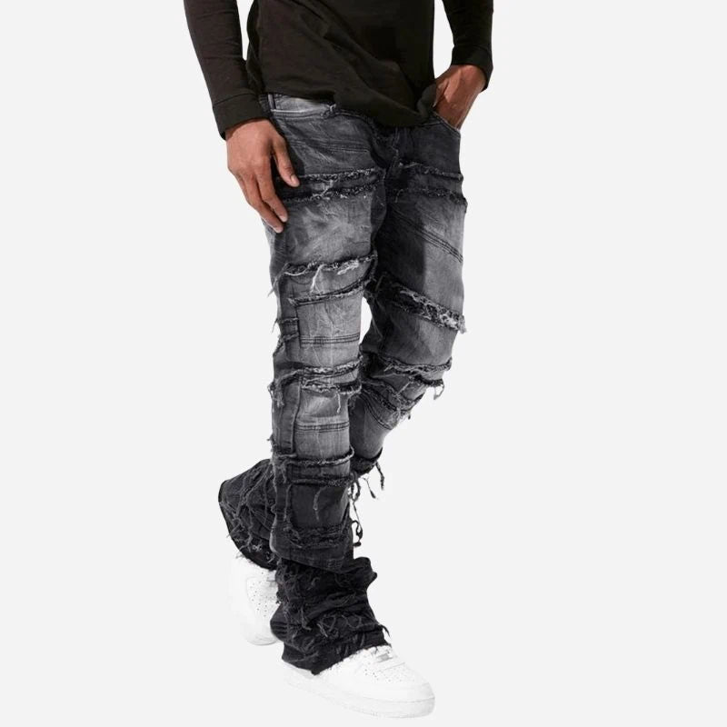 men's stacked jeans slim fit washed denim pants in black, side view