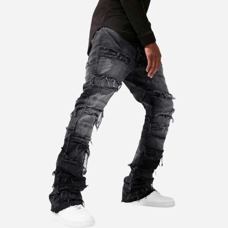 men's stacked jeans slim fit washed denim pants in black