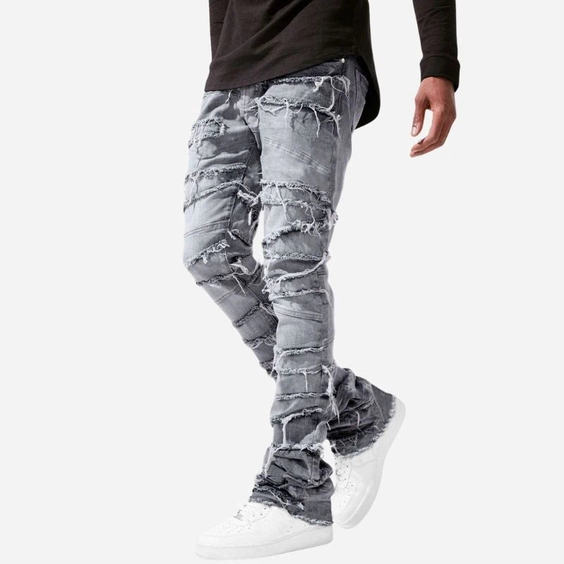 men's stacked jeans slim fit washed denim pants in grey