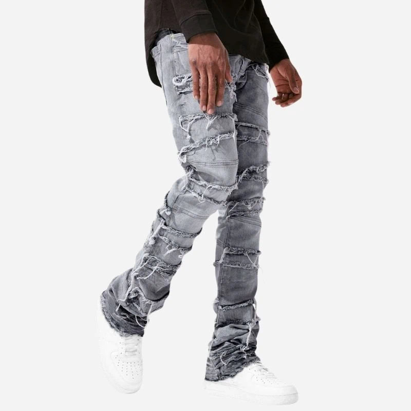 men's stacked jeans slim fit washed denim pants in grey, side view