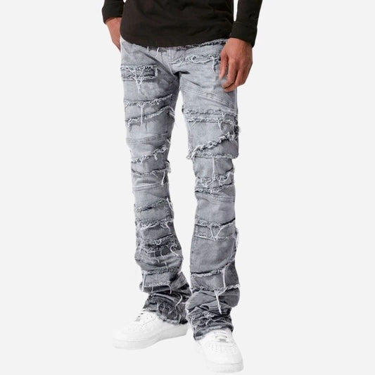 men's stacked jeans slim fit washed stretch denim pants in grey, front view