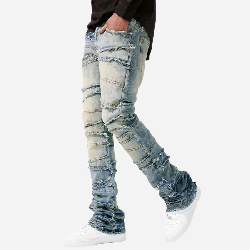 men's stacked jeans slim fit denim pants in washed blue, side view