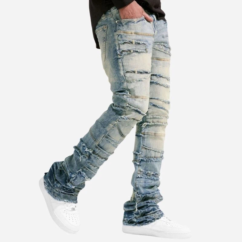 men's stacked jeans slim fit denim pants in washed blue
