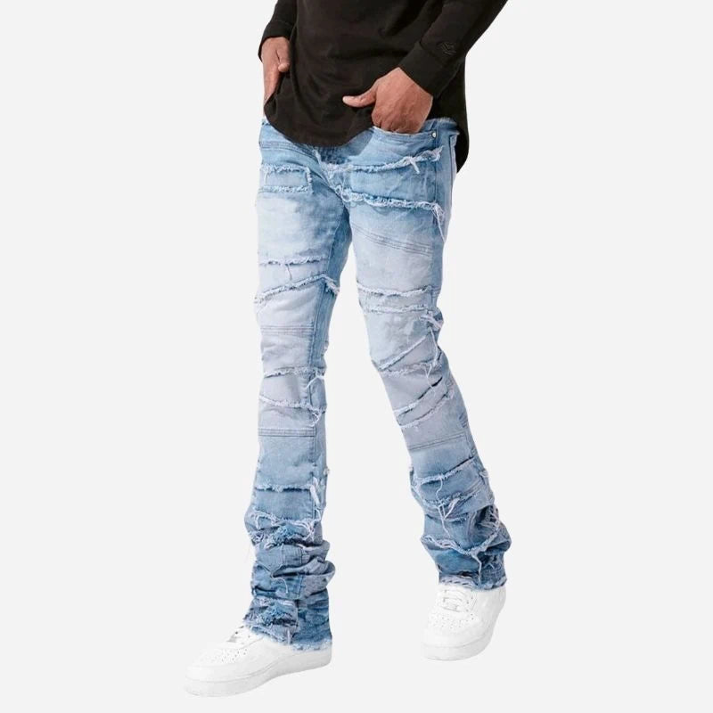 men's stacked jeans slim fit denim pants in light blue, side view