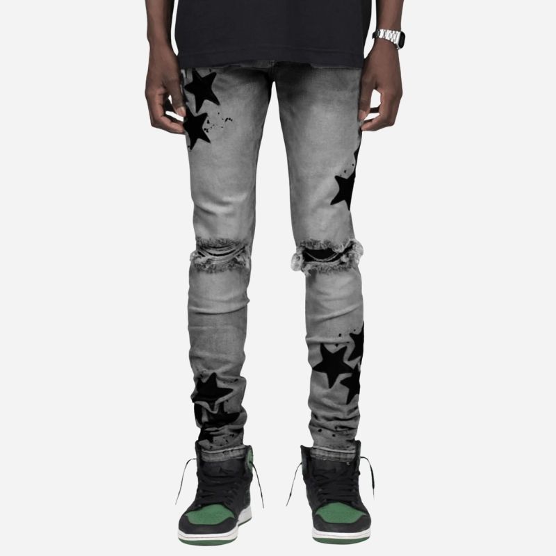 Men's star patch distressed skinny jeans in grey, front view