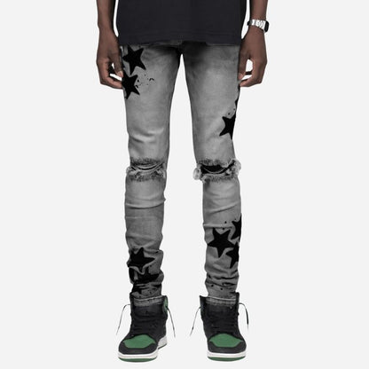 Men's star patch distressed skinny jeans in grey, front view
