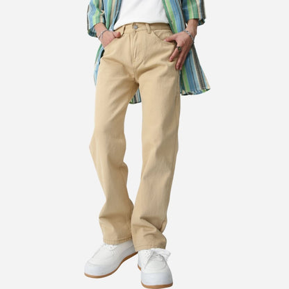 Men's straight leg jeans regular fit mid-rise y2k streetwear denim in khaki, front view