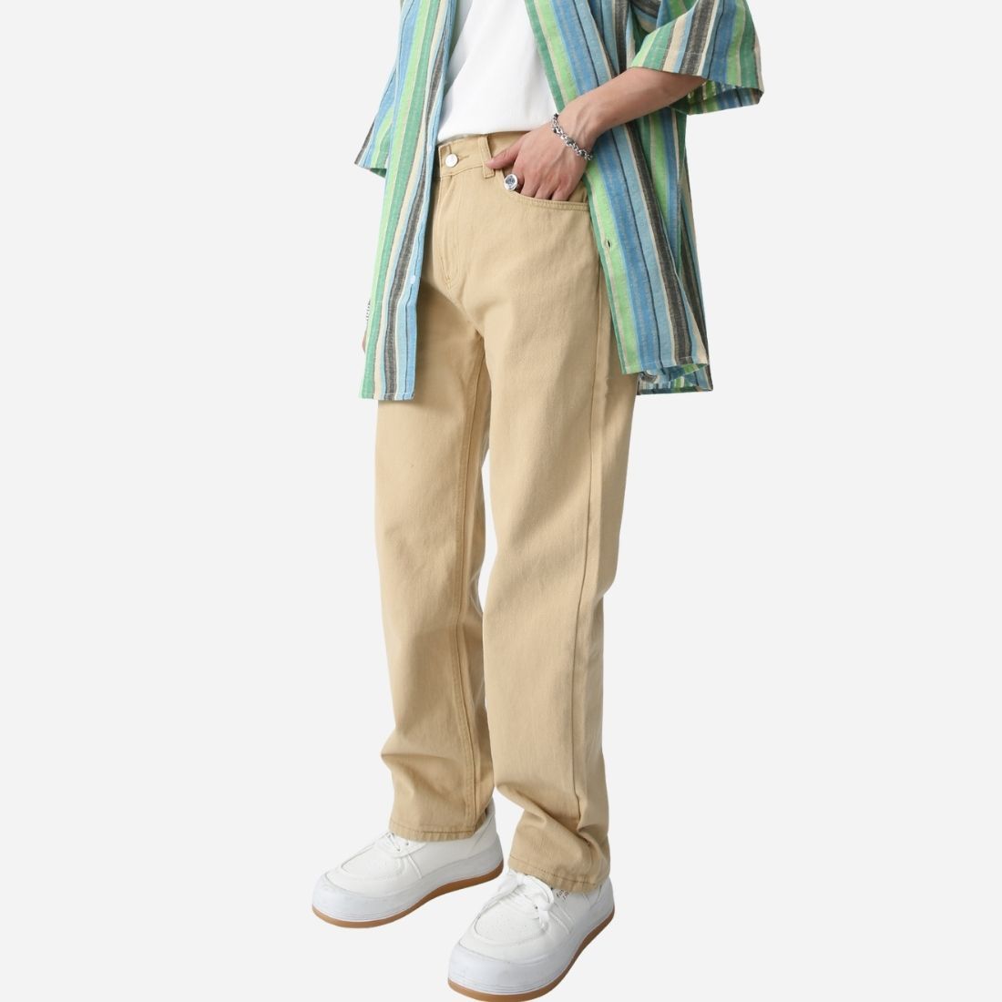 Men's straight leg jeans regular fit mid-rise y2k streetwear denim in khaki, side view