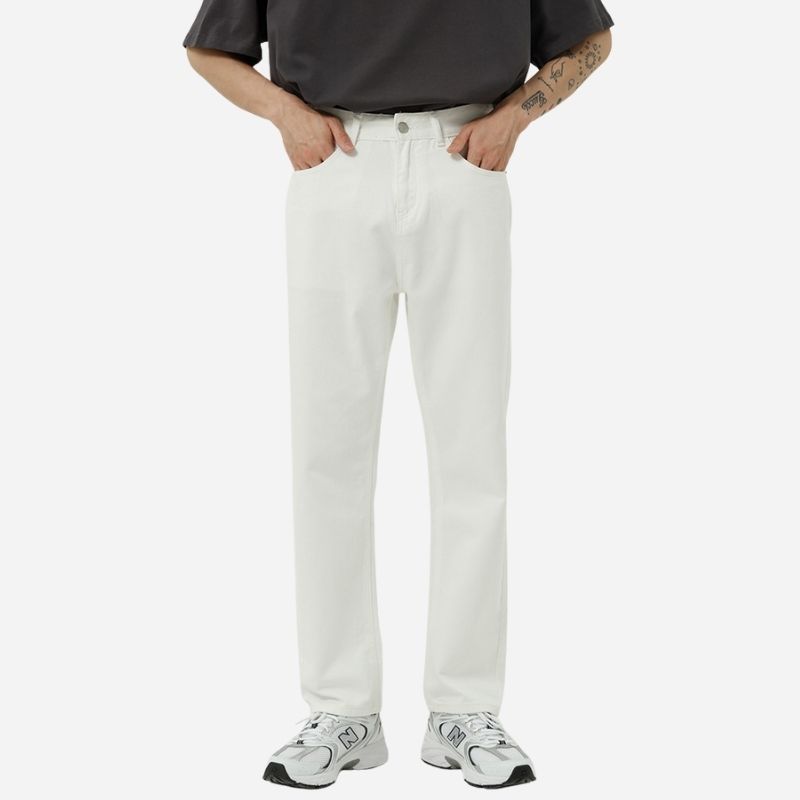 Men's straight leg jeans regular fit mid-rise y2k streetwear denim in white, front view