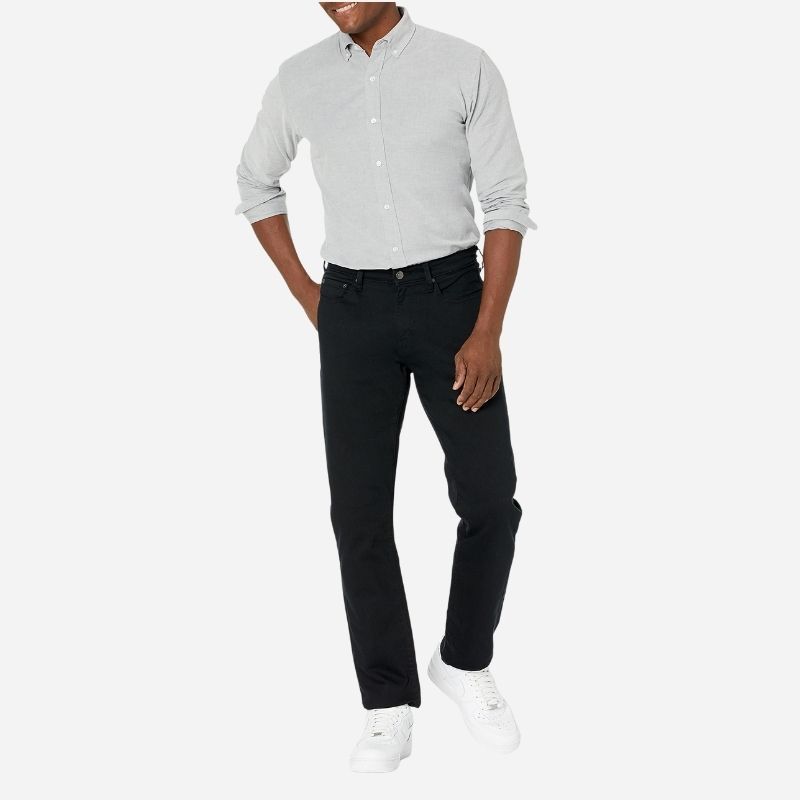 Men’s straight leg regular fit jeans in black, front view