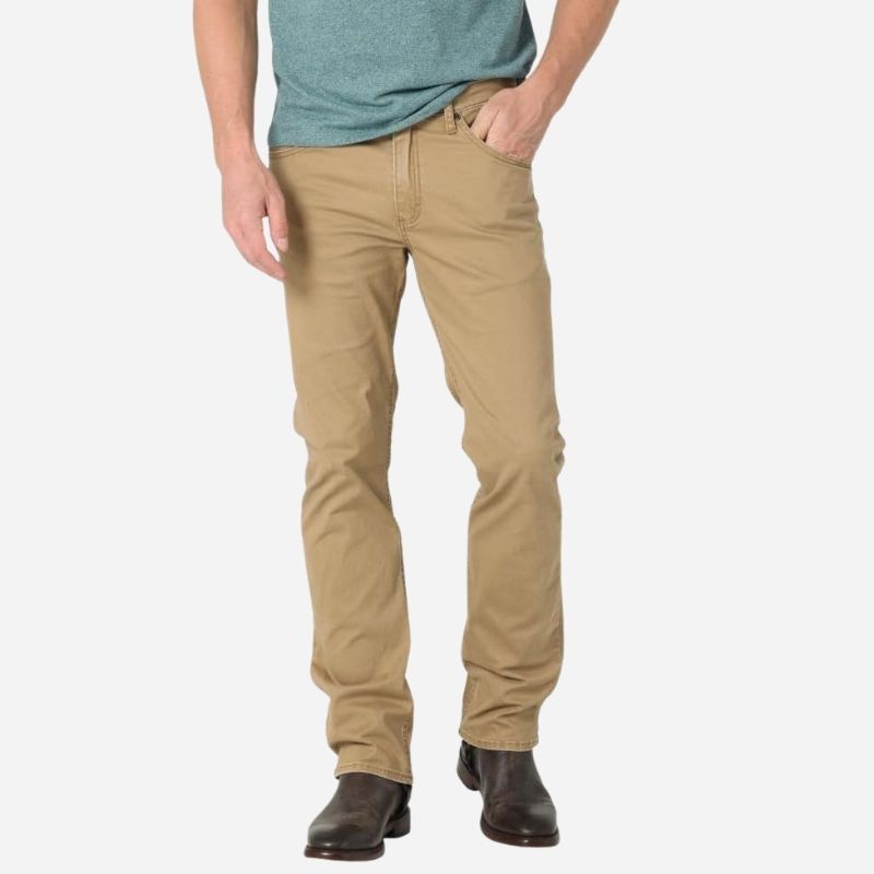 Men’s straight leg regular fit jeans in khaki, front view