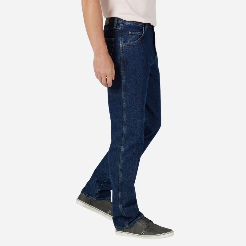 Men’s straight leg regular fit jeans in navy, side view