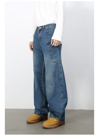 Men’s Straight Wide Leg Baggy Jeans Y2K Loose Fit Mid-Rise Denim Trousers