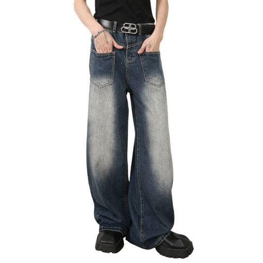 Men’s Straight Wide Leg Baggy Jeans with Front Pockets Y2K Streetwear Denim