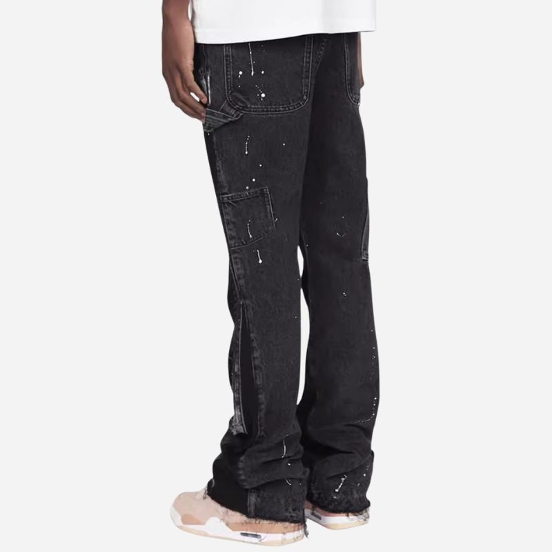 Men's straight leg denim carpenter jeans in black, back view