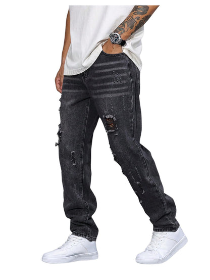 Men's Vintage Distressed Ripped Jeans Straight Leg Denim Pants