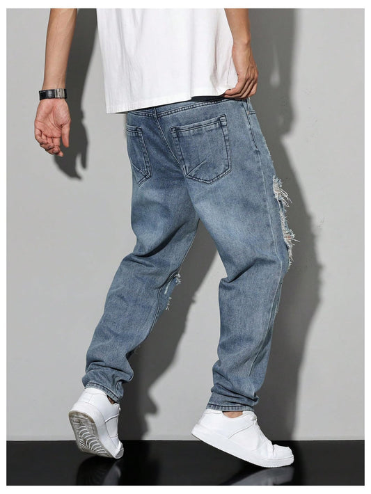 Men's Vintage Distressed Ripped Jeans Straight Leg Denim Pants