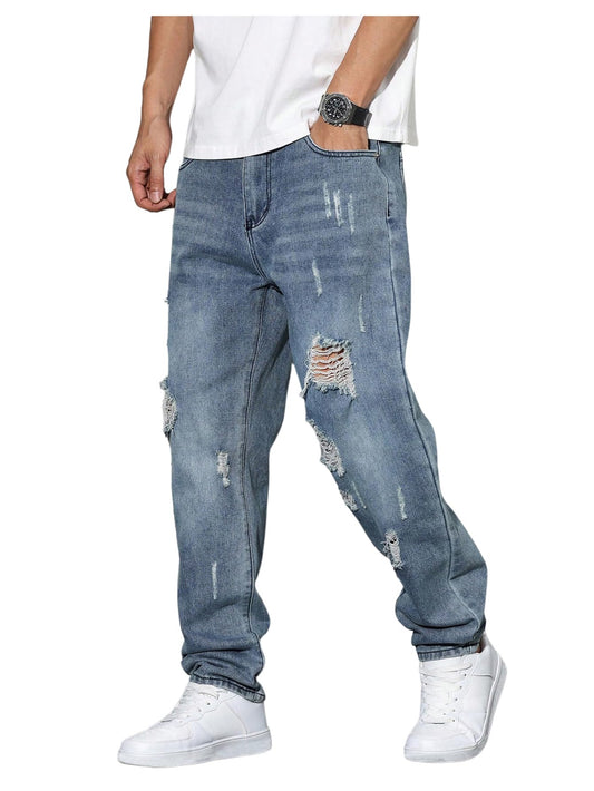 Men's Vintage Distressed Ripped Jeans Straight Leg Denim Pants