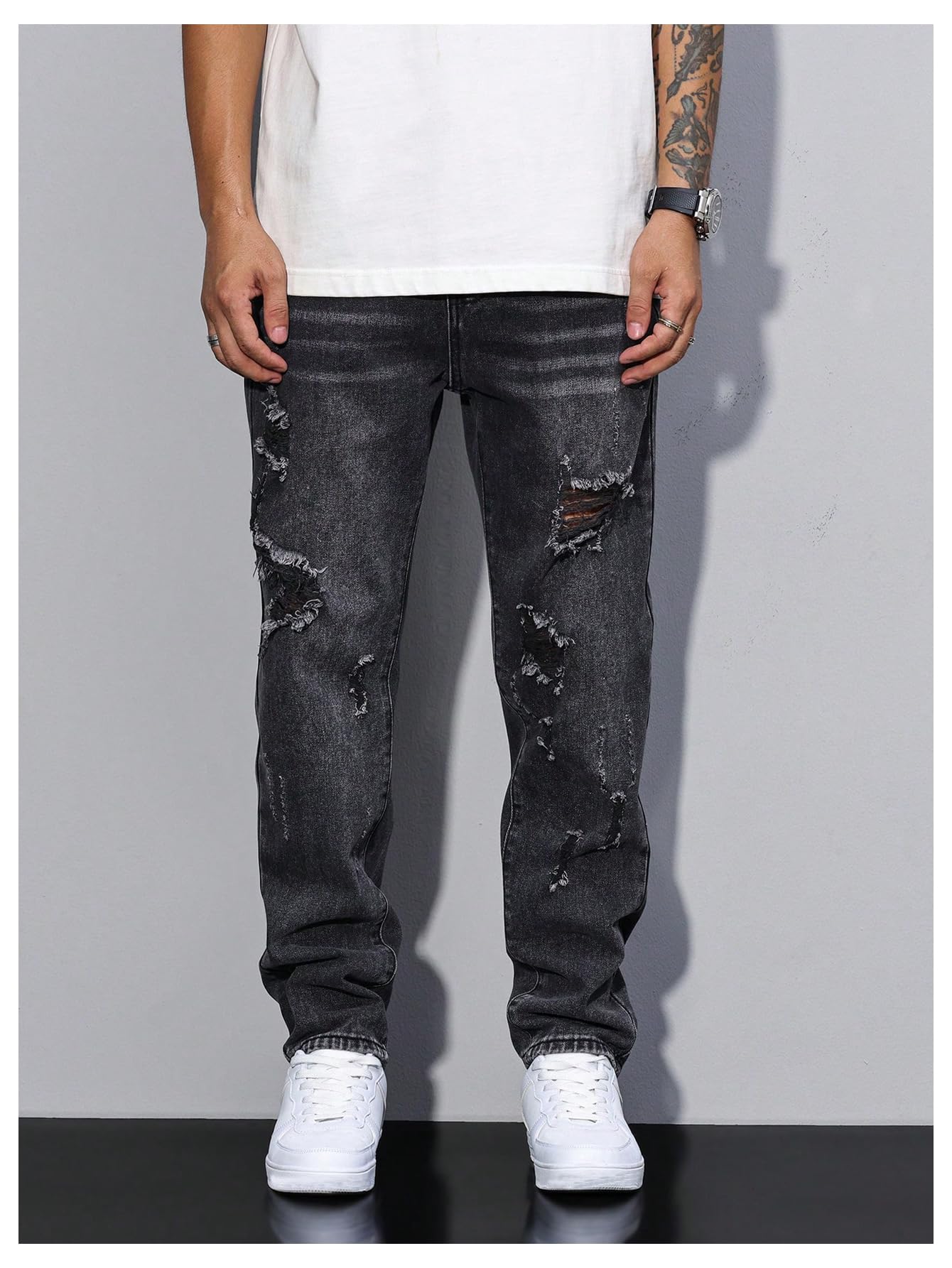 Men's Vintage Distressed Ripped Jeans Straight Leg Denim Pants