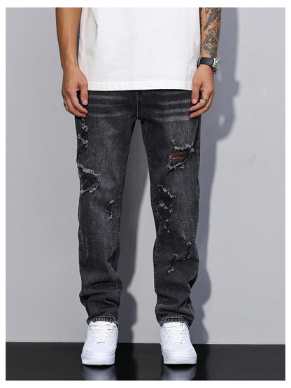 Men's Vintage Distressed Ripped Jeans Straight Leg Denim Pants