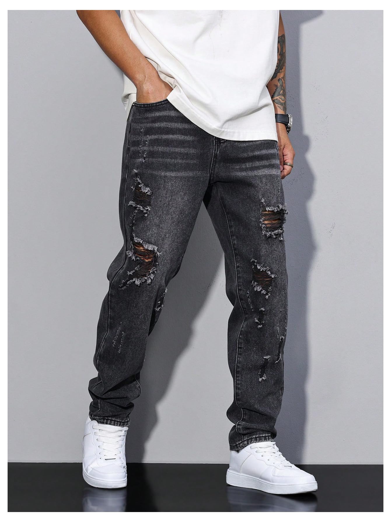 Men's Vintage Distressed Ripped Jeans Straight Leg Denim Pants