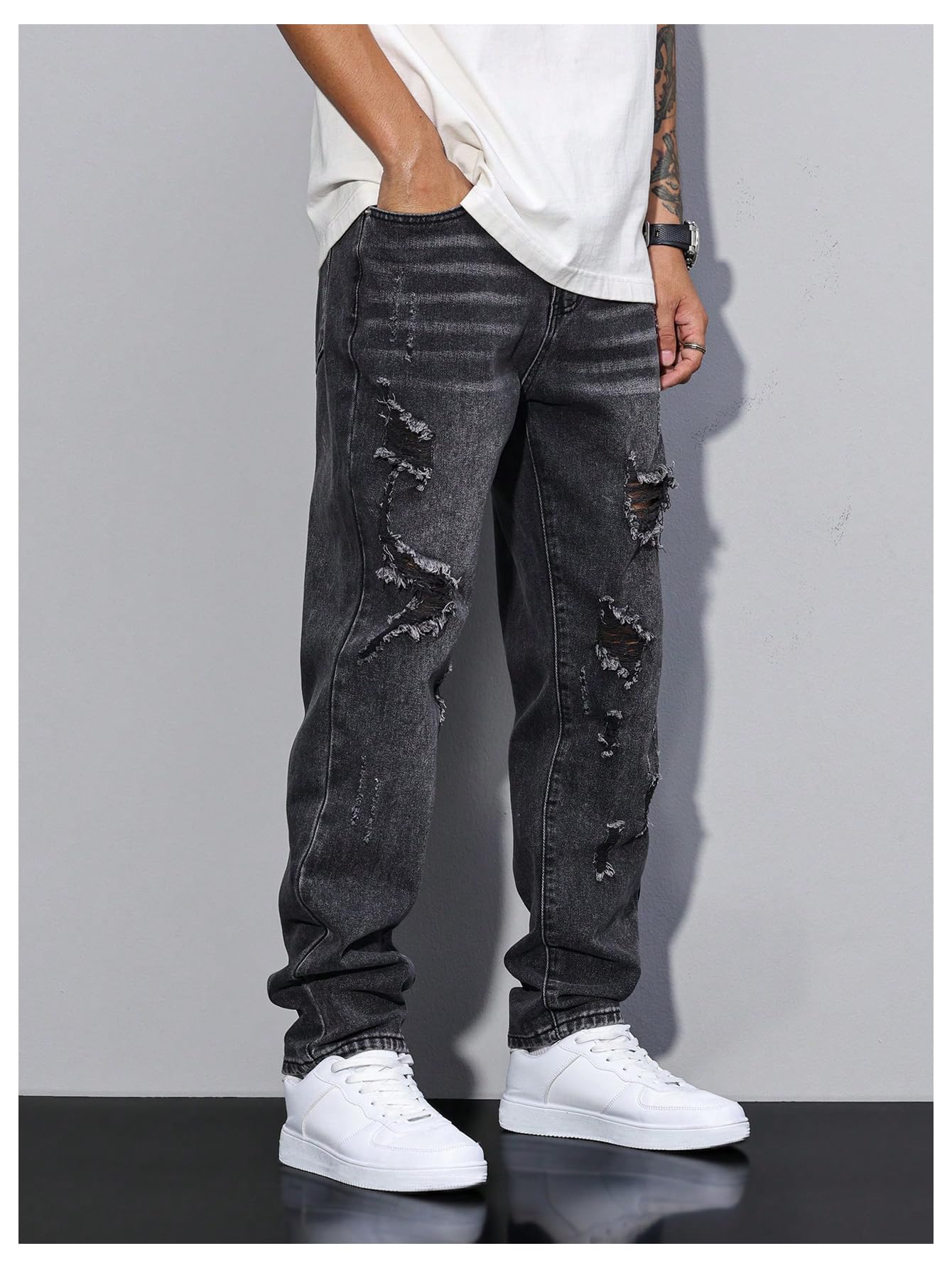 Men's Vintage Distressed Ripped Jeans Straight Leg Denim Pants