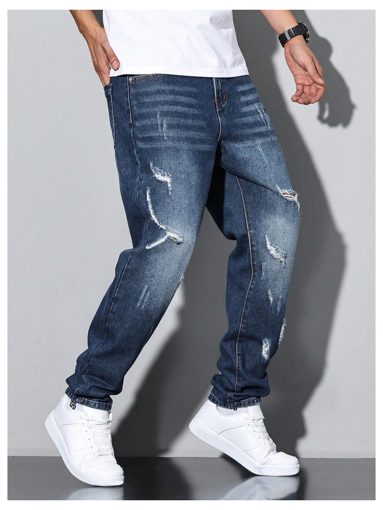 Men's Vintage Distressed Ripped Jeans Straight Leg Denim Pants