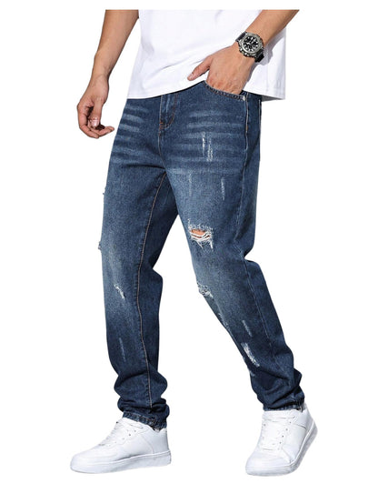 Men's Vintage Distressed Ripped Jeans Straight Leg Denim Pants