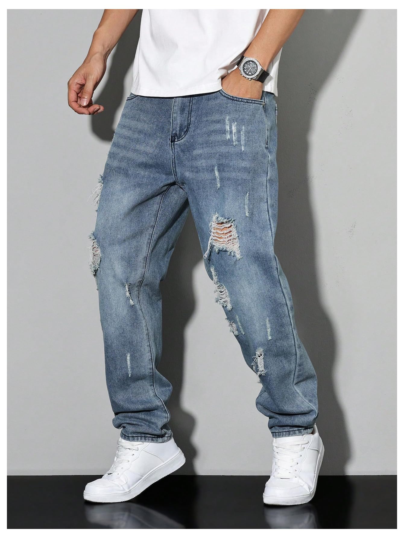 Men's Vintage Distressed Ripped Jeans Straight Leg Denim Pants